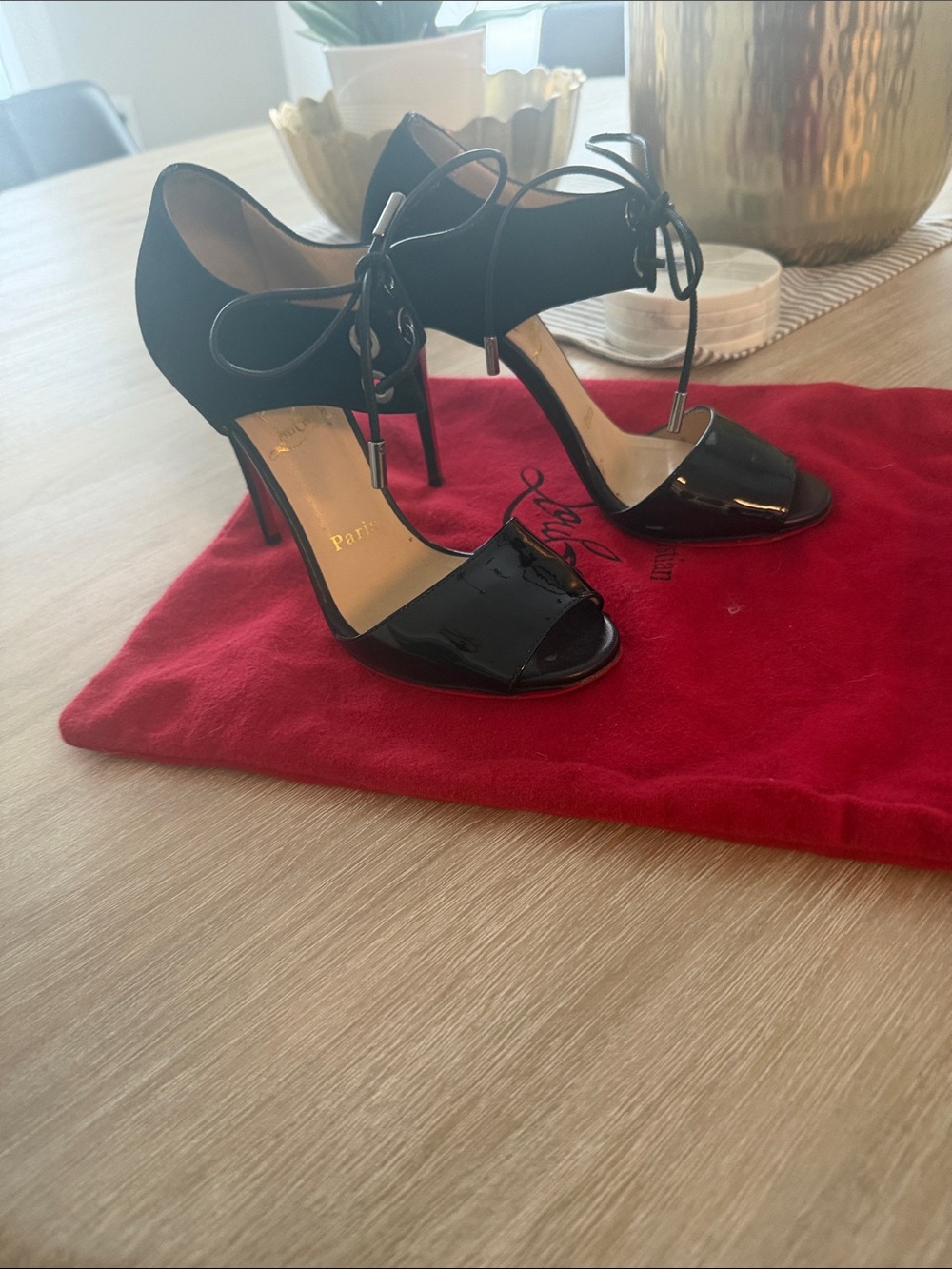 Christian Louboutin Black Patent Lace-Up Stiletto Sandals